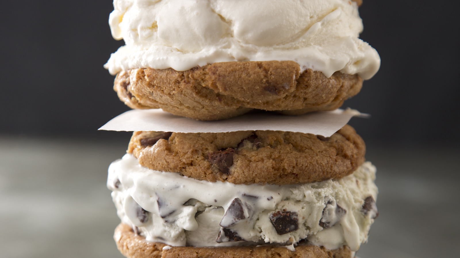 Stacked cookie ice cream sandwiches from Leopold's Ice Cream
