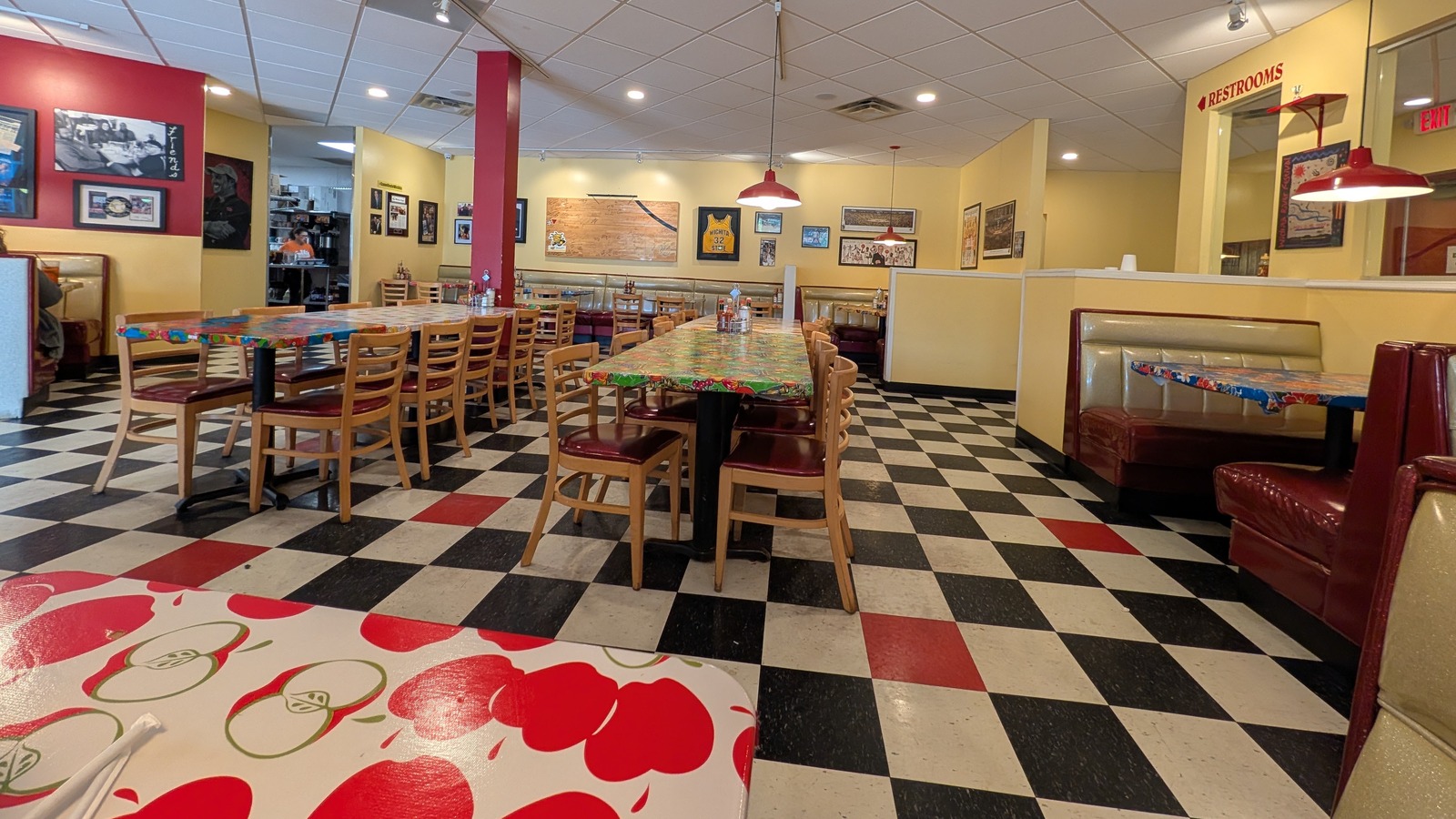 Checkerboard floor and dining room inside Doo-Dah Diner