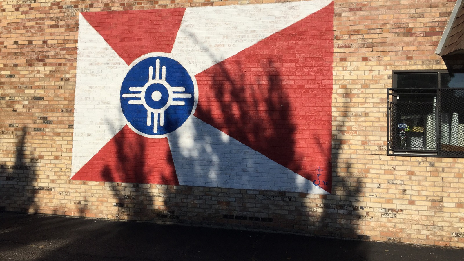 Wichita flag mural on brick wall at Doo-Dah Diner