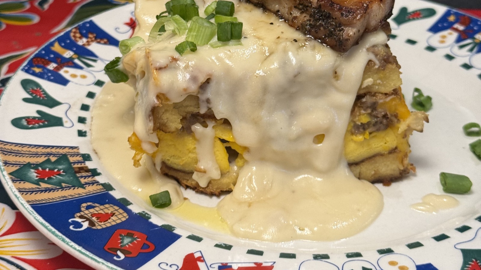 Sauced breakfast stack with scallions and pork belly at Doo-Dah Diner