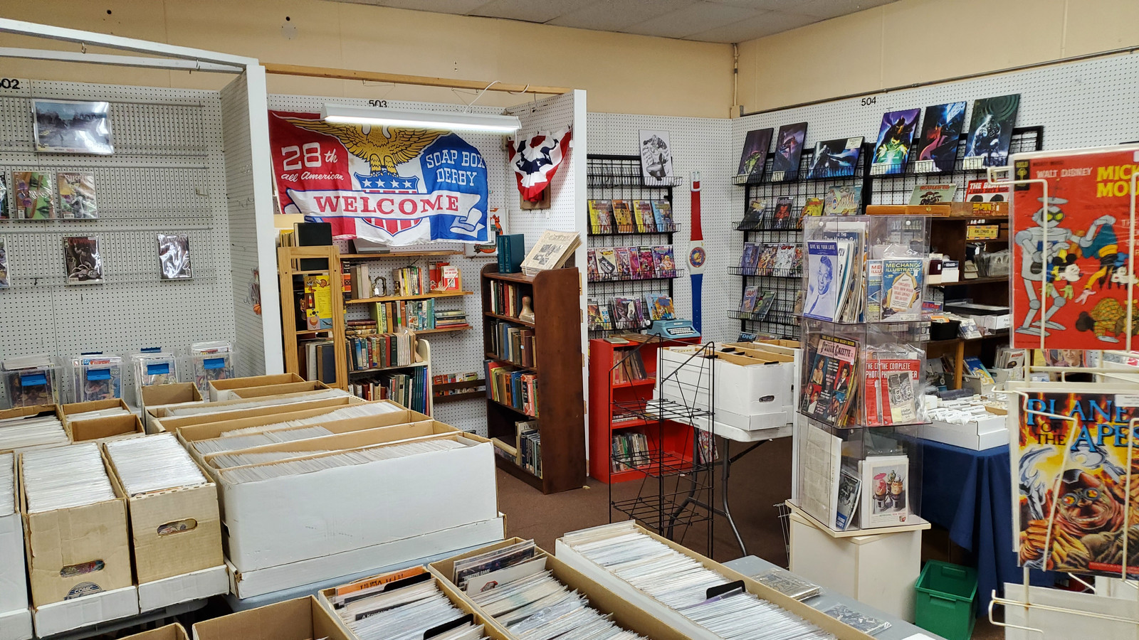 Record bins, comic art, and bookcases filling a bright collectibles corner at Medina Antique Mall