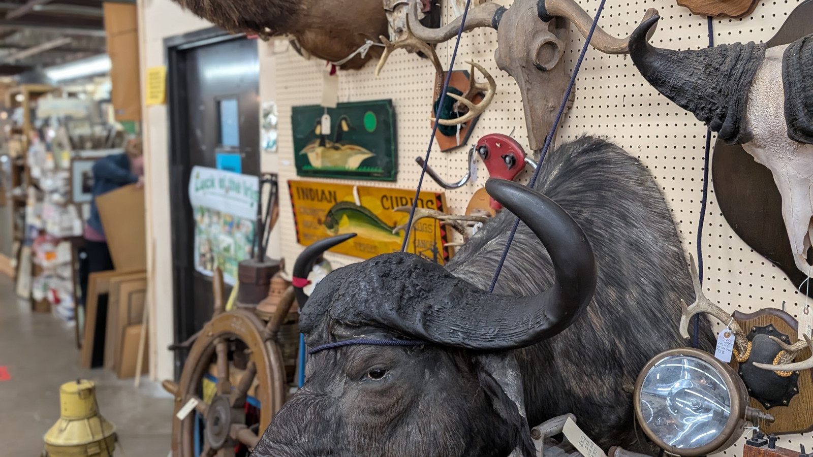 Mounted antlers, carved animal pieces, and rustic curios packed into an eclectic booth at Medina Antique Mall