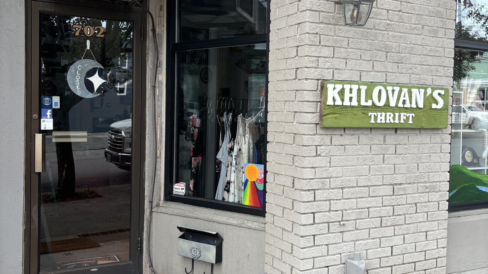 Front door and sign at Khlovan's Thrift on East Market Street in Scranton
