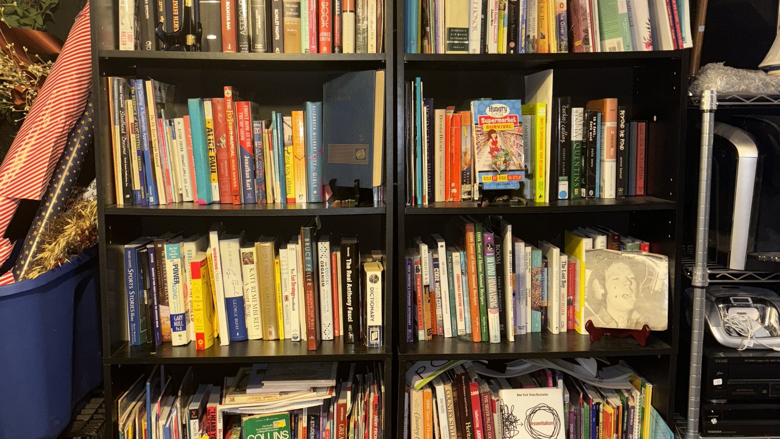 Tall bookcase packed with novels and assorted books inside Khlovan's Thrift