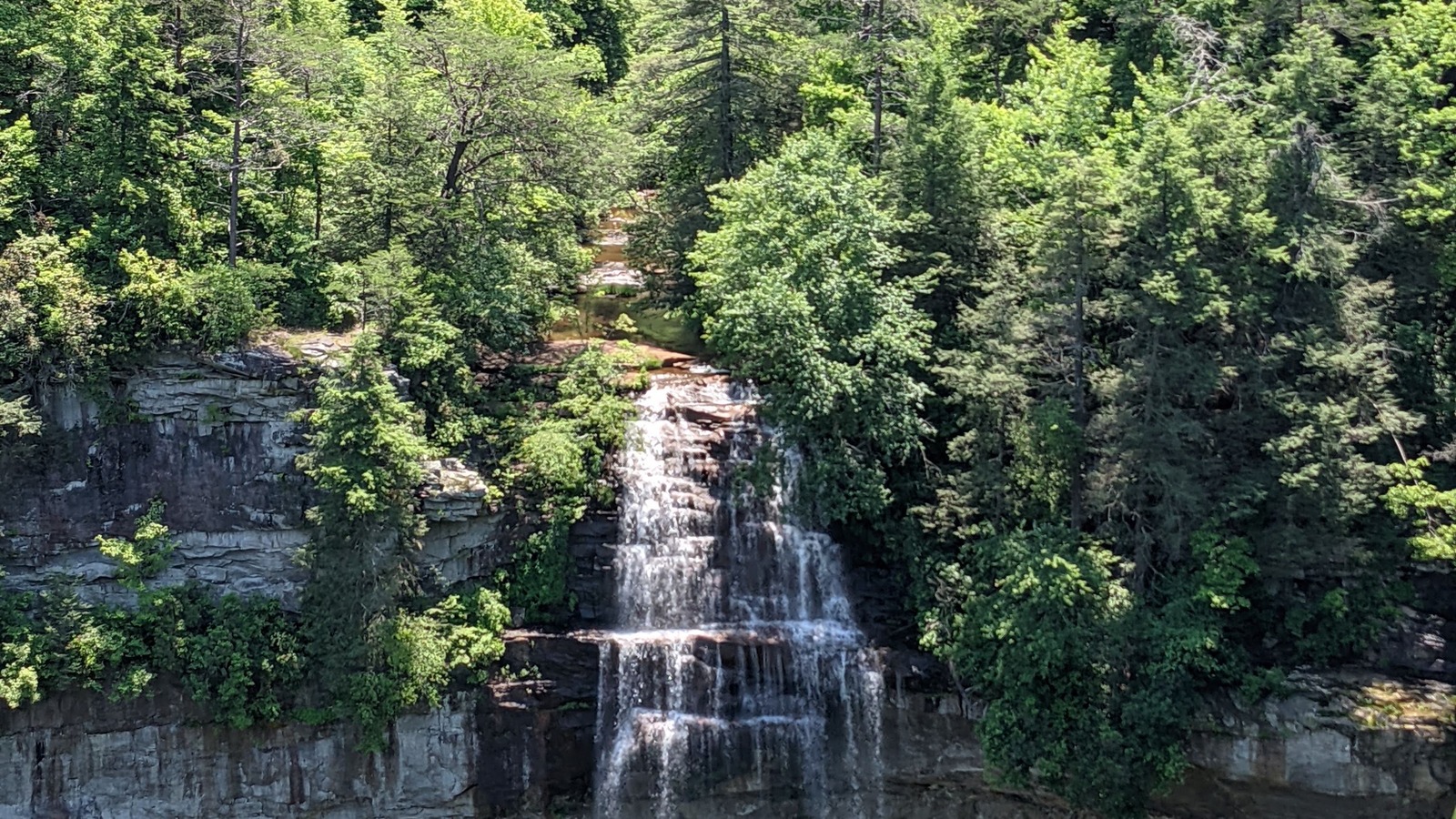 Cane Creek Falls pouring over a wide ledge through thick summer trees.