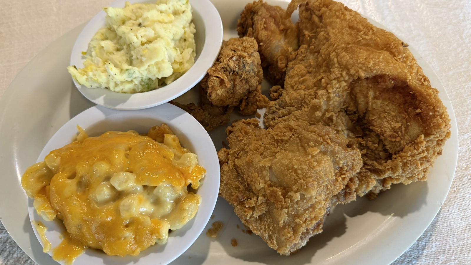 Four-piece fried chicken with macaroni and cheese and potato salad at Mary Mac's Tea Room