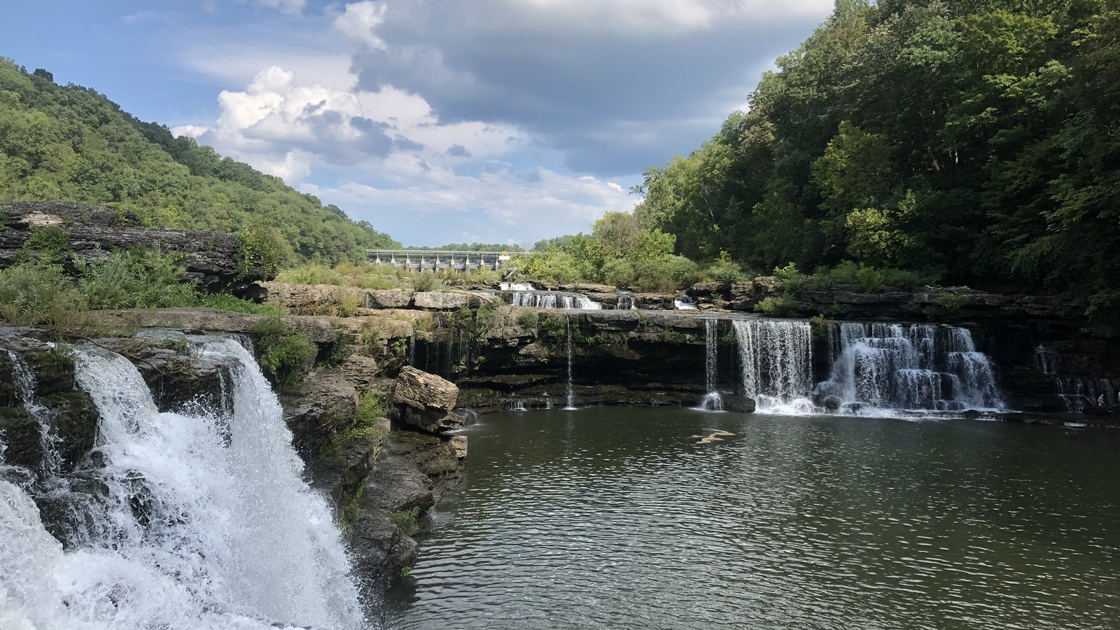 Great Falls and the footbridge stretching across the river at Rock Island State Park.