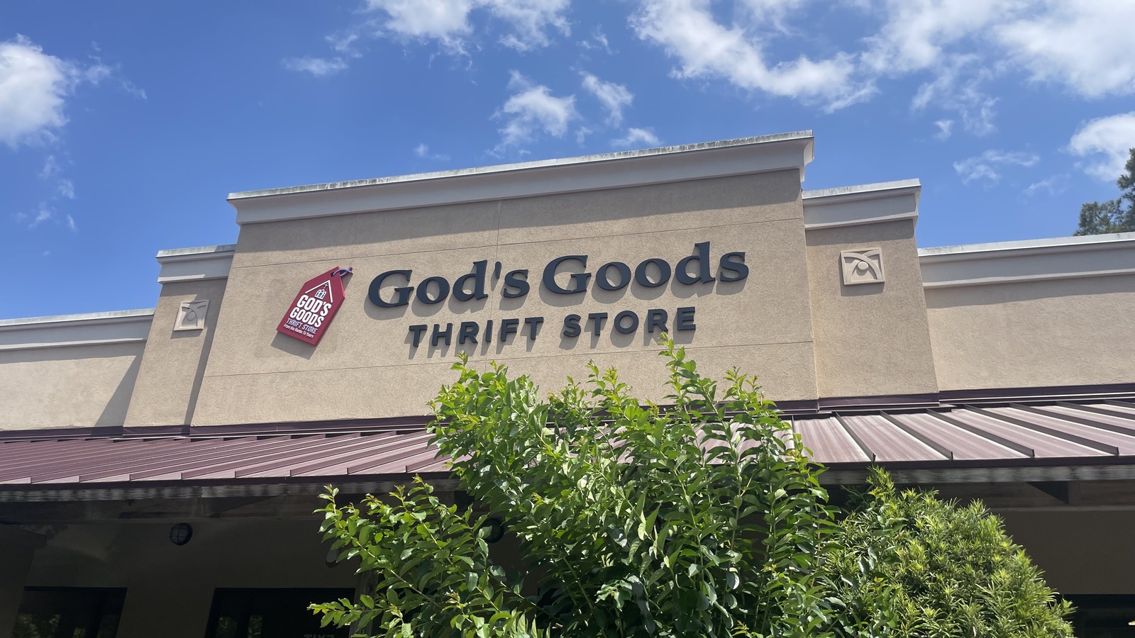God's Goods Thrift Store storefront beneath a blue Bluffton sky