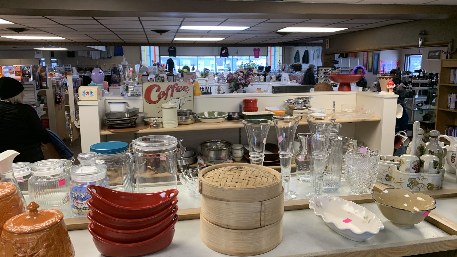 Glassware, dishes, and kitchen pieces at Dakota Boys and Girls Ranch Thrift Store in Grand Forks