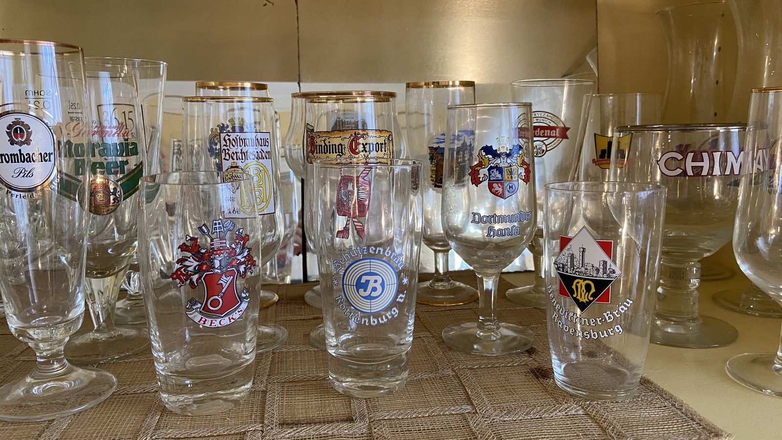 Collectible beer glasses at St. Stephen's Woodlawn Thrift Shop near Yonkers