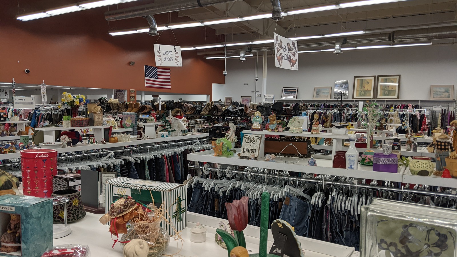 Organized clothing, housewares, and seasonal displays at Goodwill Wyoming in Laramie