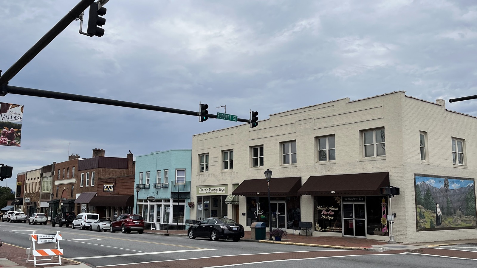 Historic storefronts along Main Street near My Pea's Consignment in downtown Valdese