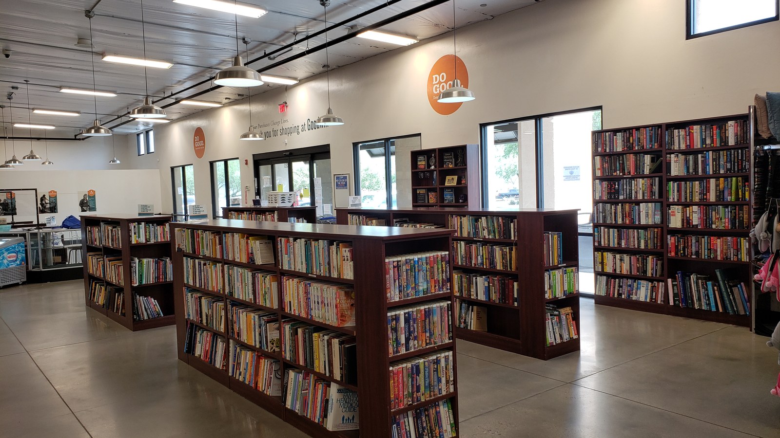 Organized book aisles at the Green Valley Goodwill thrift store