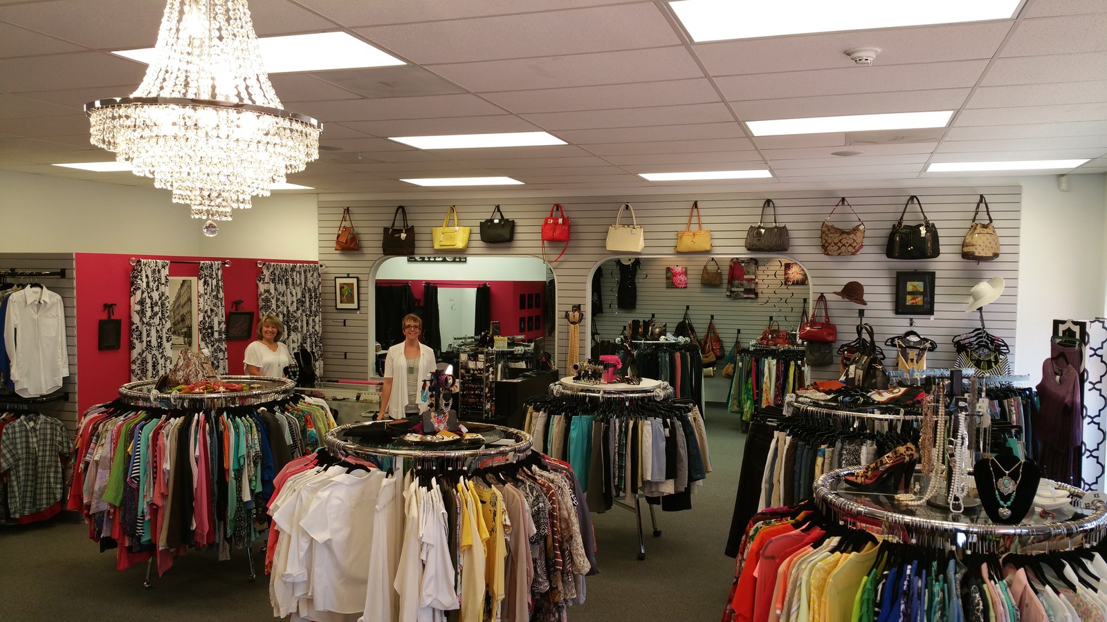 Clothing racks and handbags at Trendz Consignment Boutique in Green Valley