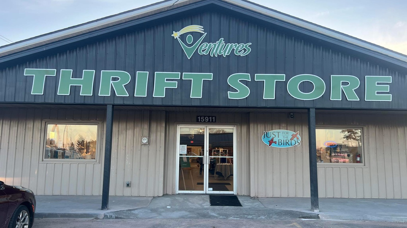 Ventures Unlimited Thrift Store entrance along US Highway 63 in Hayward