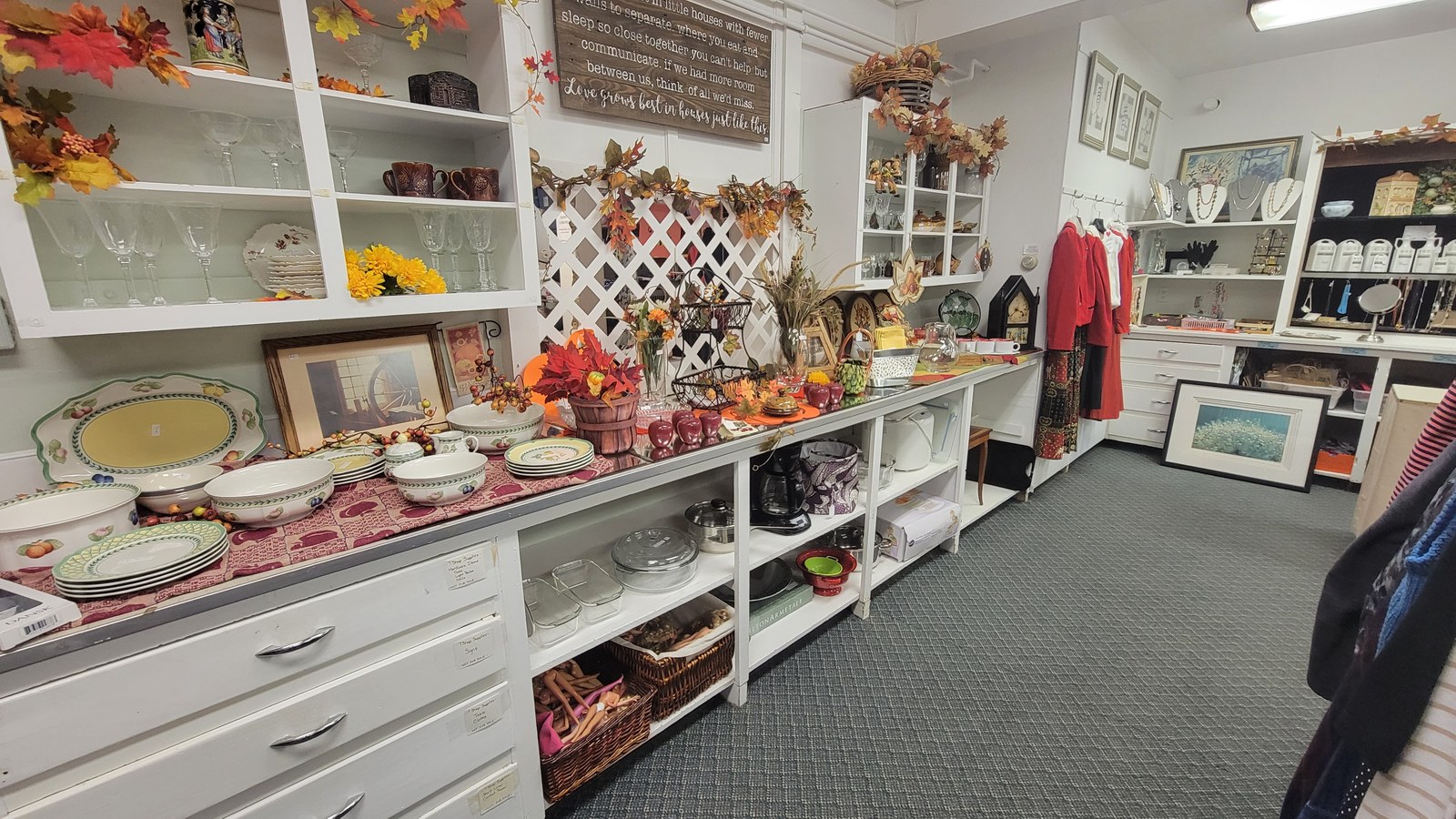 Dishes, framed art, seasonal decorations, and clothing at St. Peter's Thrift Shop