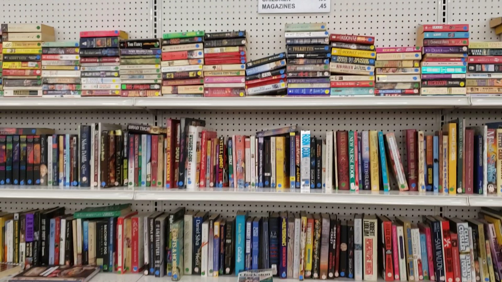 Colorful books arranged at Community Thrift Store in Summerville