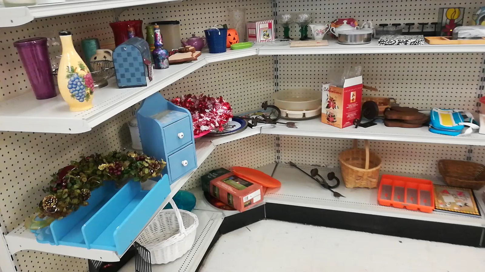 Colorful housewares arranged at Goodwill on Veterans Parkway in Garner