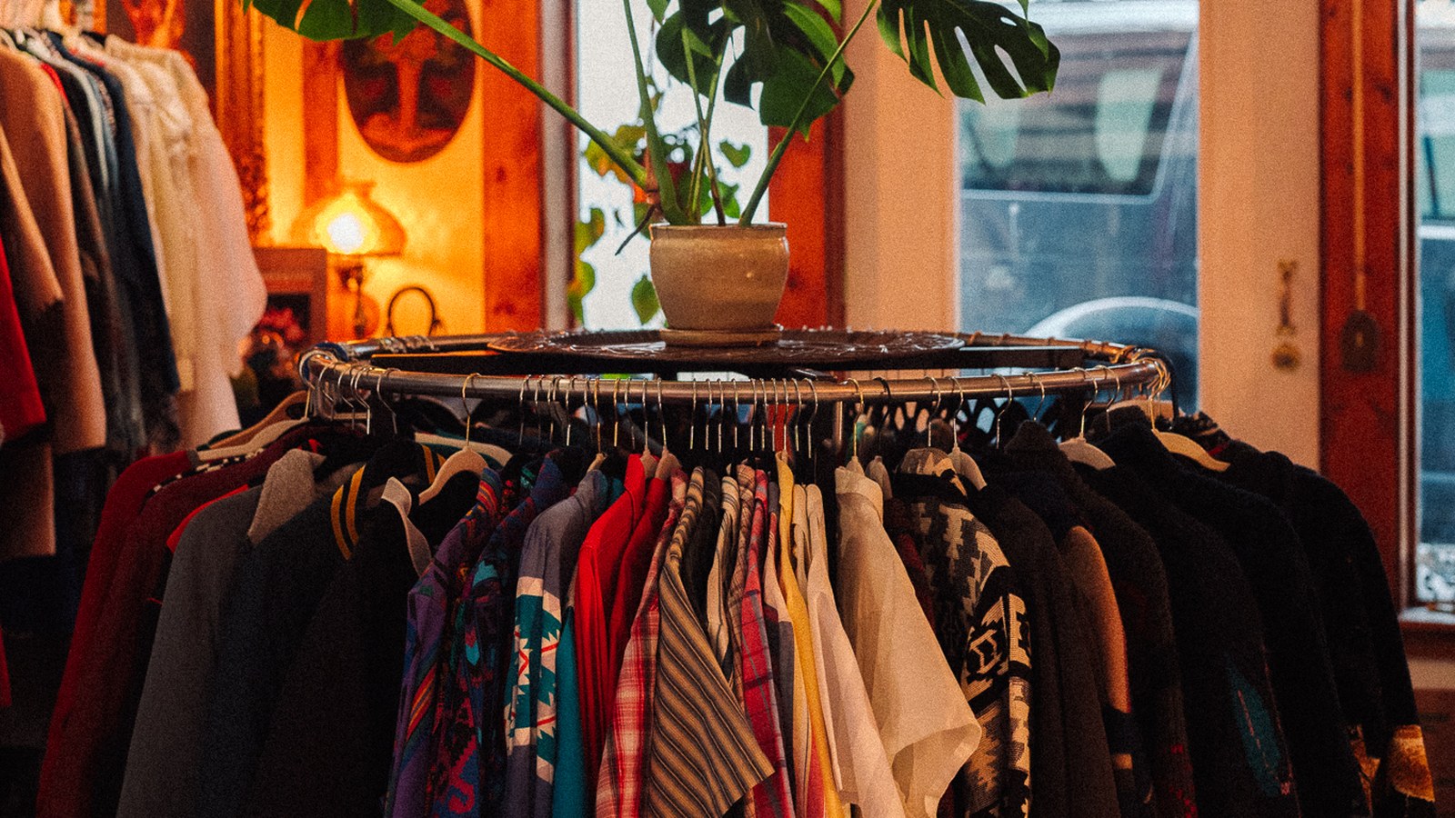 Vintage clothing rack inside Family Jewelz Vintage in Whitefish