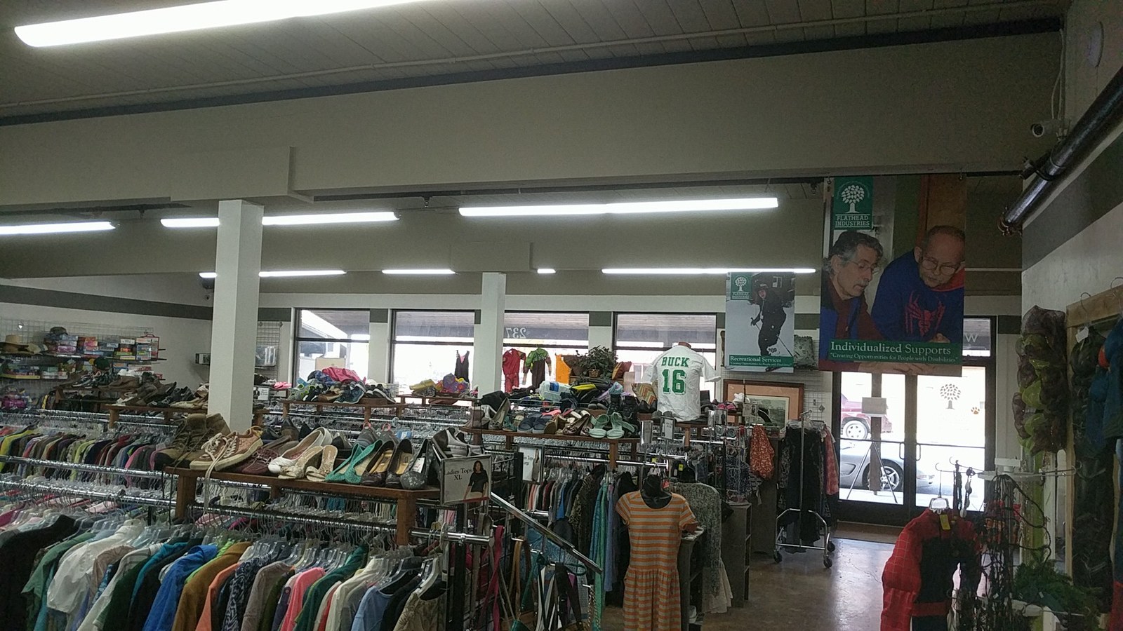 Clothing floor inside Flathead Industries Whitefish Thrift in Whitefish