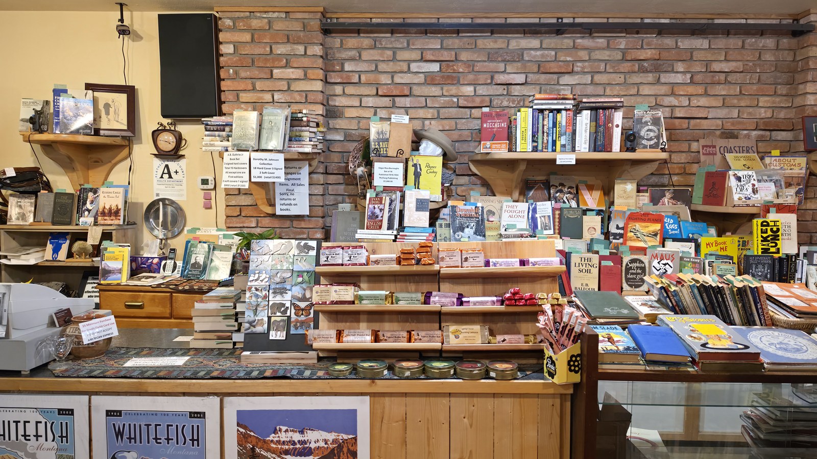 Books and gifts at the front counter of Voyageur Booksellers in Whitefish