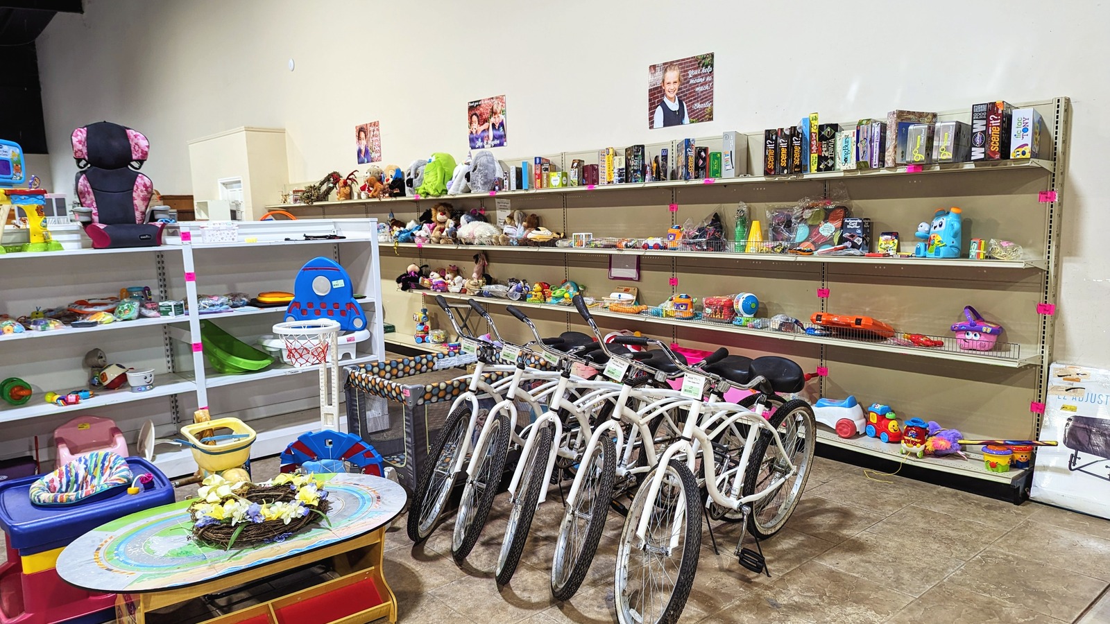 Bikes, toys, and games inside Adullam House Thrift Store in Wetumpka