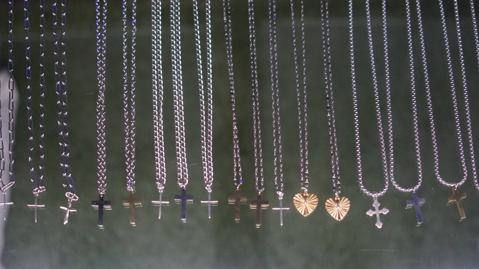 Vintage necklaces and chains on display at Buffs in downtown Bowling Green
