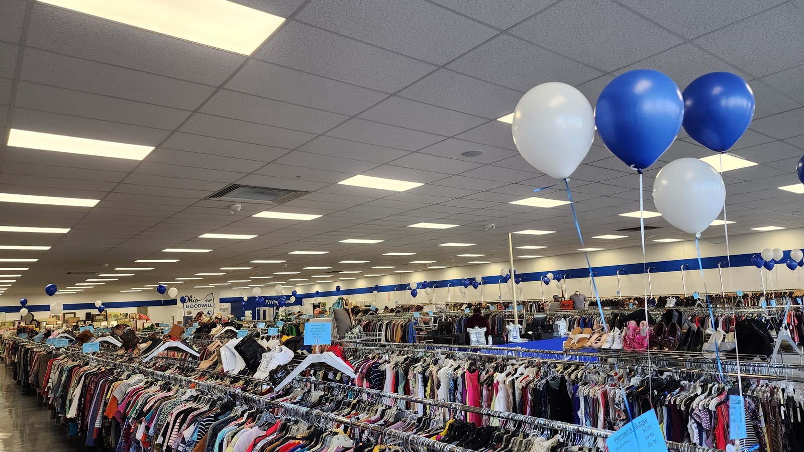 Long rows of clothing racks inside Goodwill in Bowling Green, Ohio