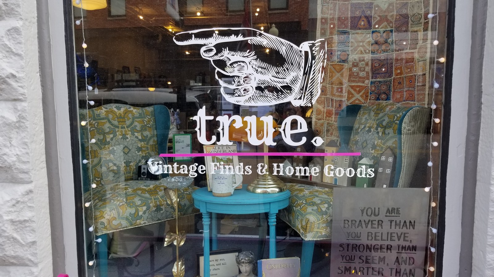 Front window display at True Vintage Finds and Homegoods in downtown Salida