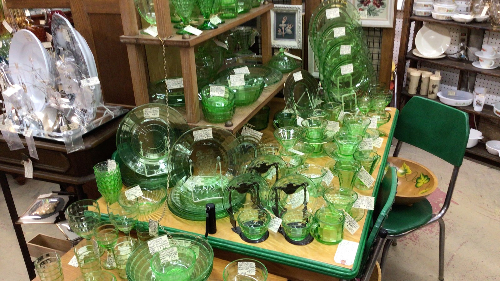 Green vintage glassware and dishware at Marketplace Antiques and Gifts in Sandpoint Idaho