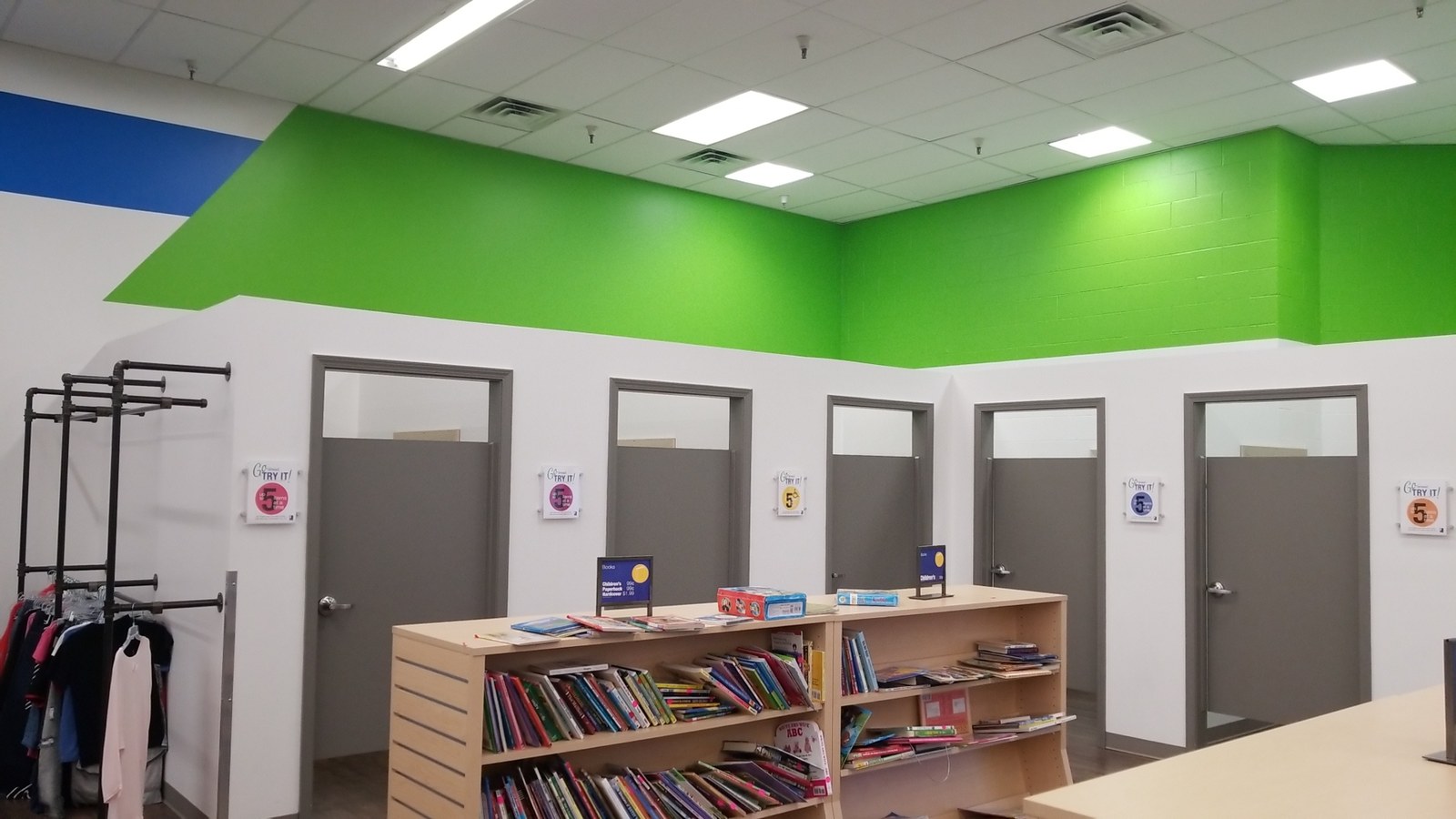 Fitting rooms and children's shelves at Goodwill Blue Springs in Blue Springs Missouri
