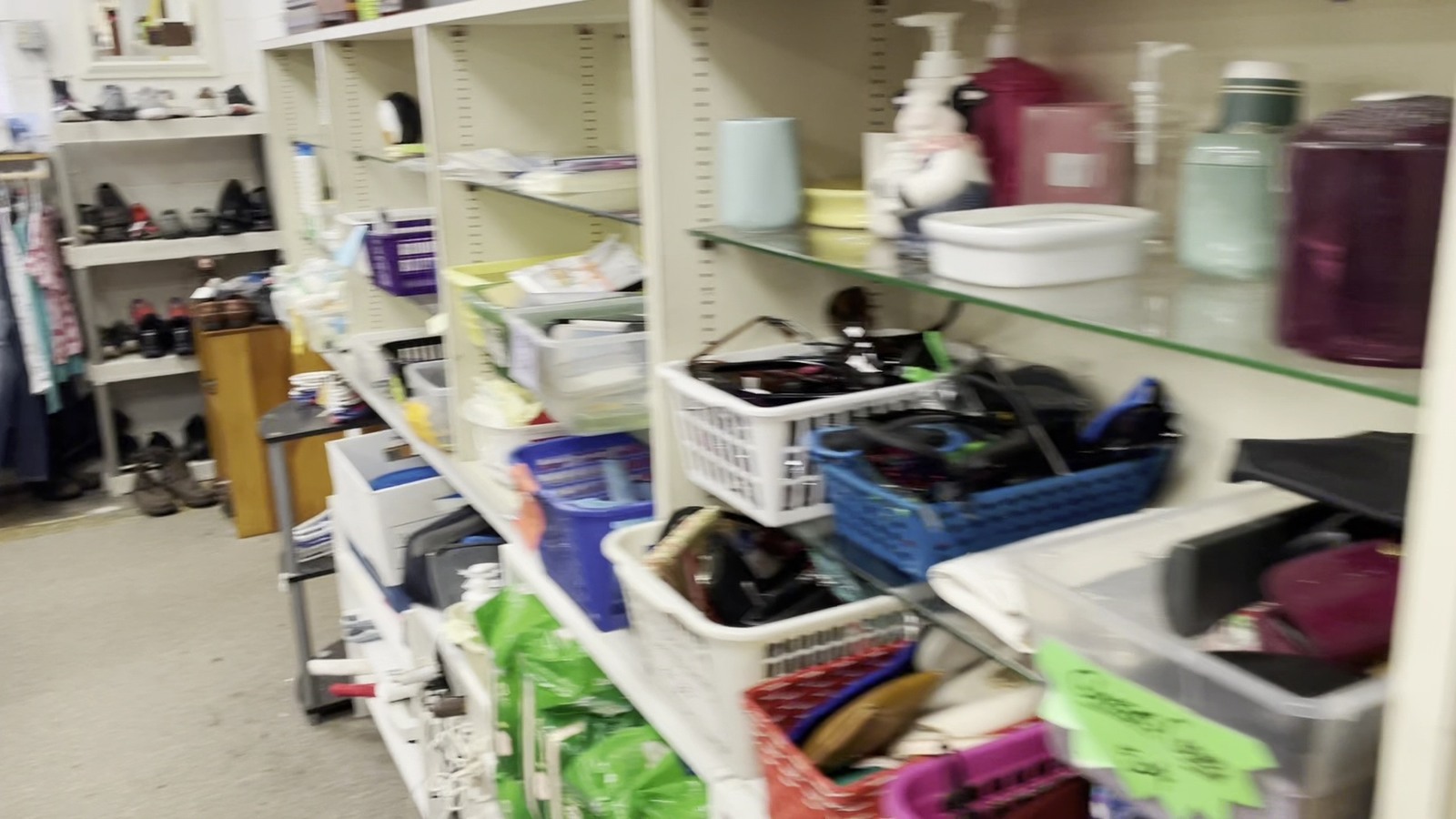 Housewares and small finds arranged on shelves at the Humane Society of Lebanon County Thrift Shop