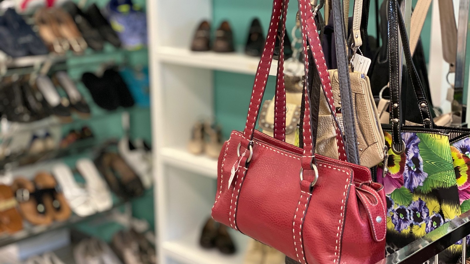 Handbags and shoe shelves inside the Humane Society thrift shop in Sebastian Florida