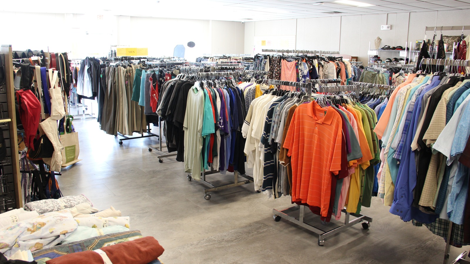 Clothing racks inside Catholic Charities of Northern Kansas Thrift Store in Hays