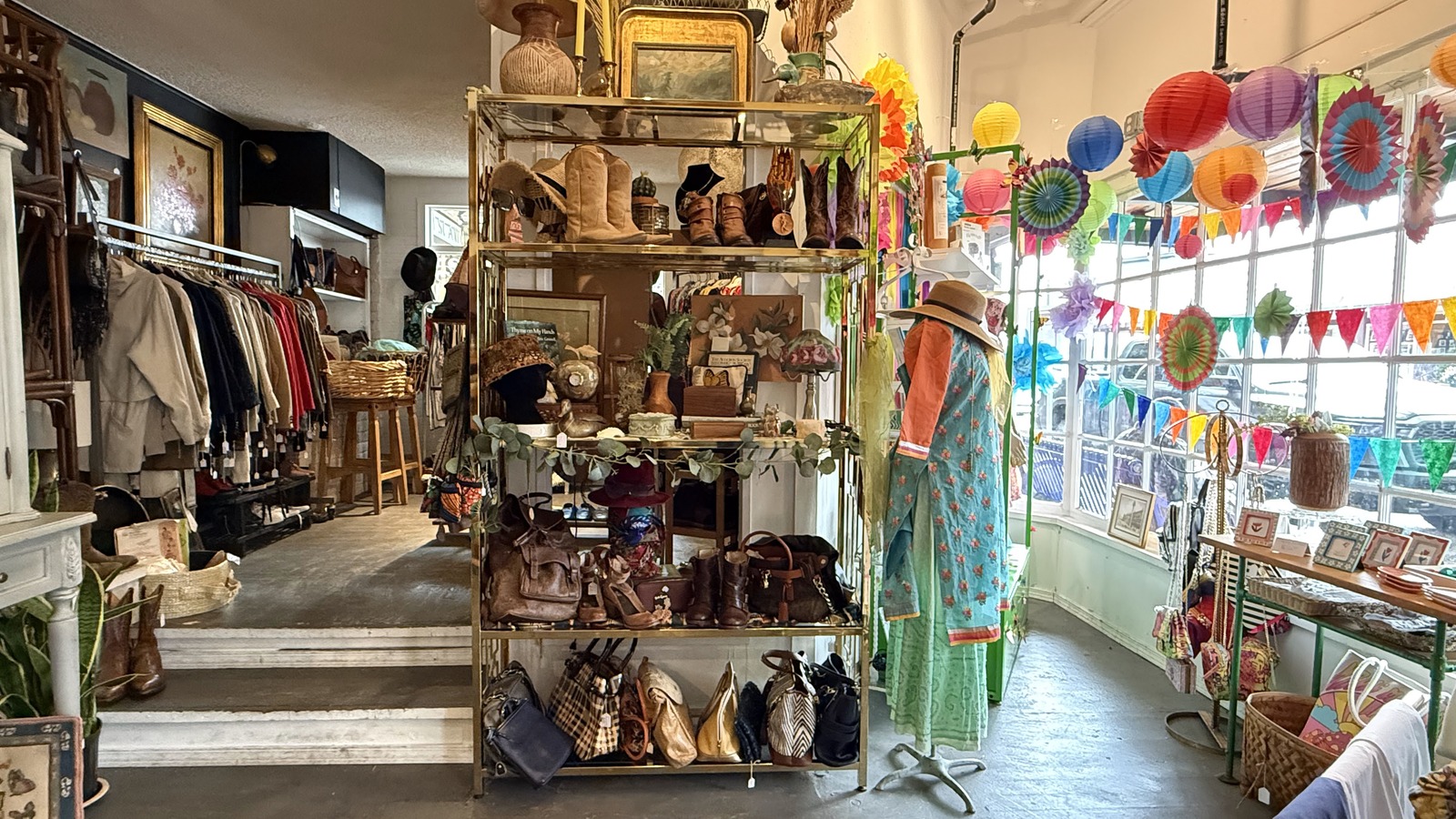 Vintage clothing, decor, and colorful displays inside Abigail's Artful Abode in Poulsbo